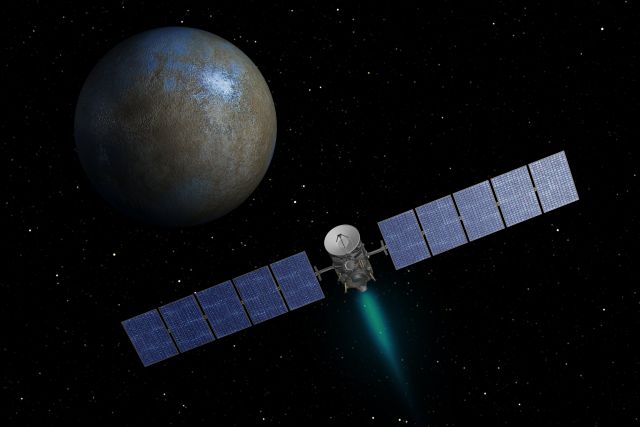Rappresentazione artistica della sonda Dawn della NASA che arriva a Cerere